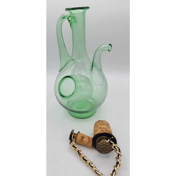 Vintage 1960's Italian Green Glass Decanter w/ Ornate Corks & Ice Chamber 11"H - Picture 8 of 14